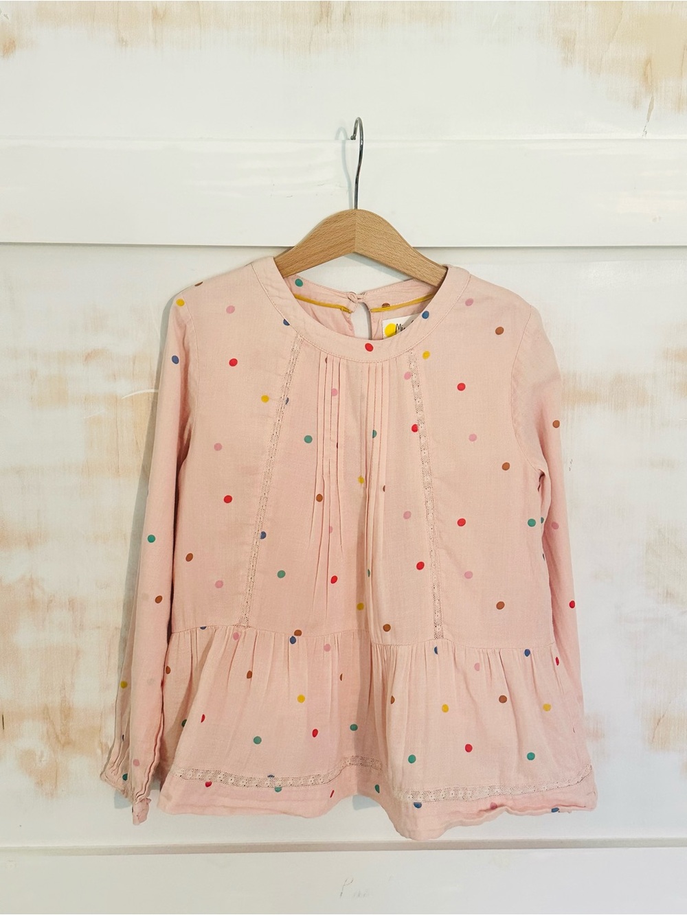 Mini Boden Pink Long Sleeve Peplum Top with Multicolor Polka Dots